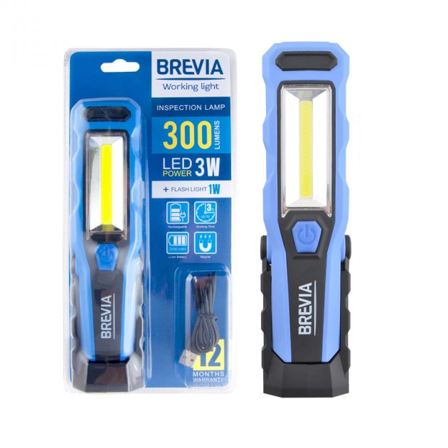 Ліхтарик інспекційний led 3w cob+1w led 300lm, 2000mah, microusb, блістер brevia, Brevia 11320