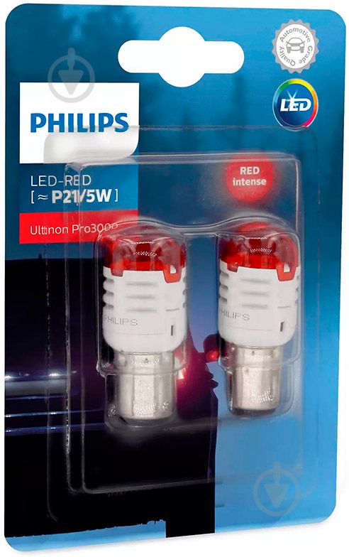 Лампа світлодіодна p21/5 led red ultinon pro3000 12v, 0.8w/1.75w bay15d 6000k(вир-во philips), Philips 11499U30RB2