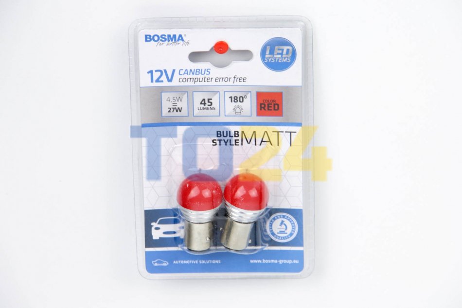 Автолампа bay15d led 12v 9xsmd 2835 led red mat (2 шт), Bosma 5356