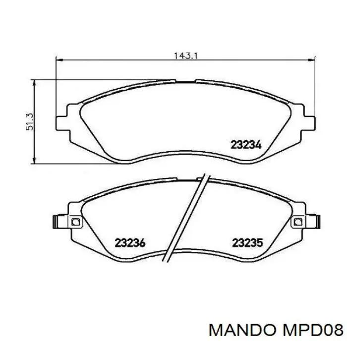 Комплект гальмівних накладок, дискове гальмо, Mando MPD08