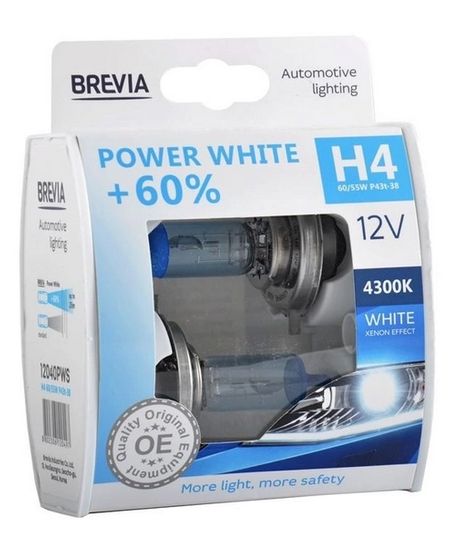 Лампа галогенная h4 12v 60/55w p43t +60% 4300k power white extra light (к-т 2шт) brevia, Brevia 12040PWS