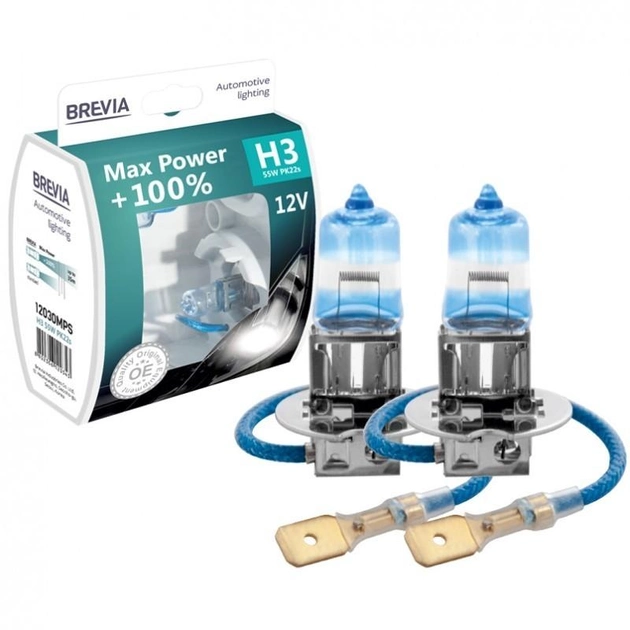 Автолампа h3 12v 55w pk22s max power+100% s2 halogen, Max Power+100% S2 HALOGEN, Brevia 12030MPS