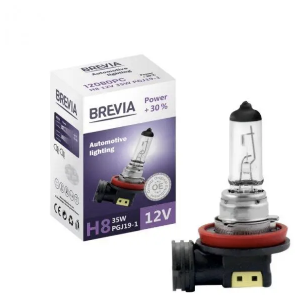 Brevia автолампа h8 12v 35w pgj19-1 power +30% cp halogen, Brevia 12080PC