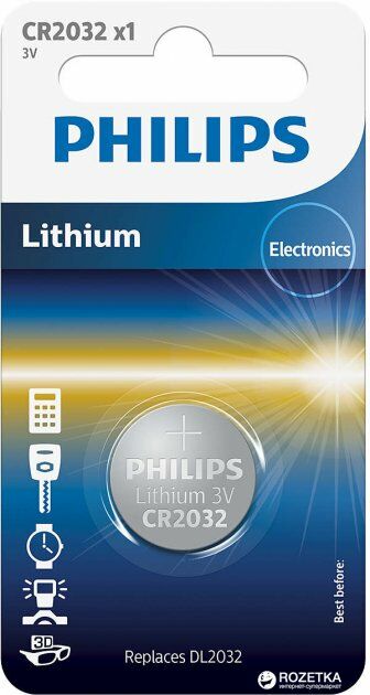 Батарейка cr2032 - 3.0v coin 1-blister (20.0 x 3.2) - lithium (вир-во philips), Philips CR2032/01B