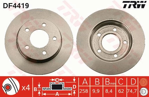 Гальмівний диск, повн., 265мм, кількість отворів 5, Mazda 3, Trw DF4419