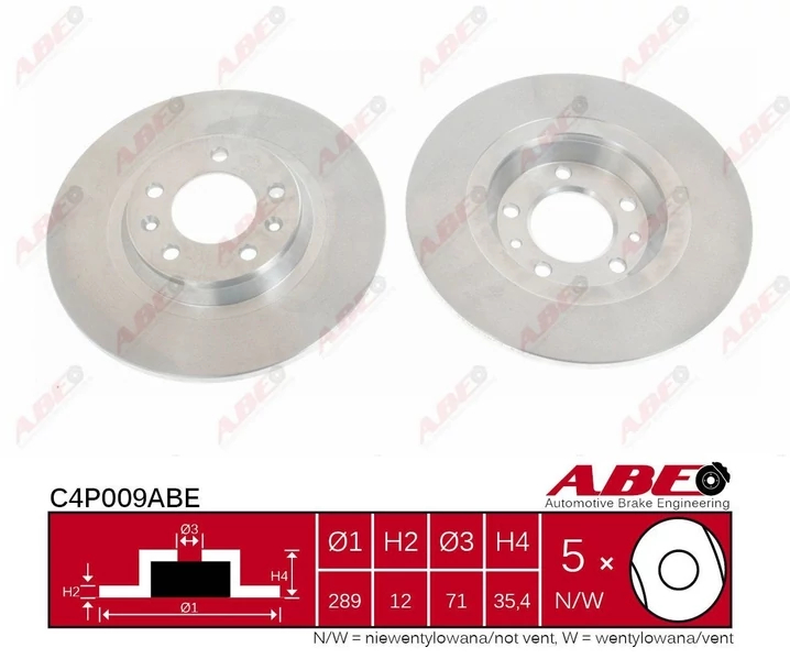 Гальмівний диск, задня вісь, повн., 290мм, кількість отворів 5, Abe C4P009ABE