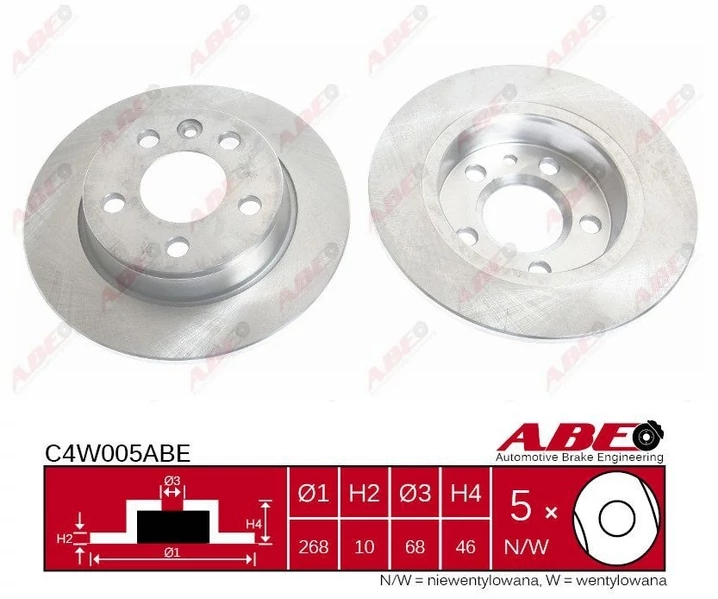 Гальмівний диск, задня вісь, повн., 268мм, кількість отворів 5, Abe C4W005ABE