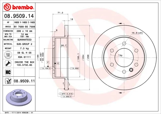 Гальмівний диск, Brembo 08.9509.14