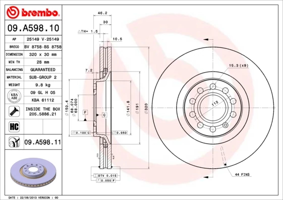 Гальмівний диск, Brembo 09.A598.11