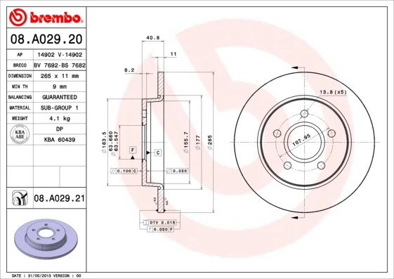 Гальмівний диск, повн., 265мм, кількість отворів 5, FORD C-MAX, FOCUS задн., Brembo 08.A029.21