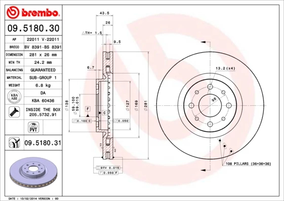 Гальмівний диск, Brembo 09.5180.31