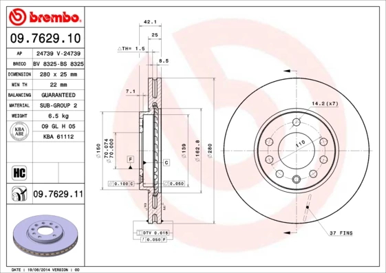 Гальмівний диск, Brembo 09.7629.11