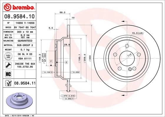 Гальмівний диск, повн., 300мм, кількість отворів 5, Brembo 08.9584.11