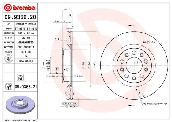 Гальмівний диск, Brembo 09.9366.21