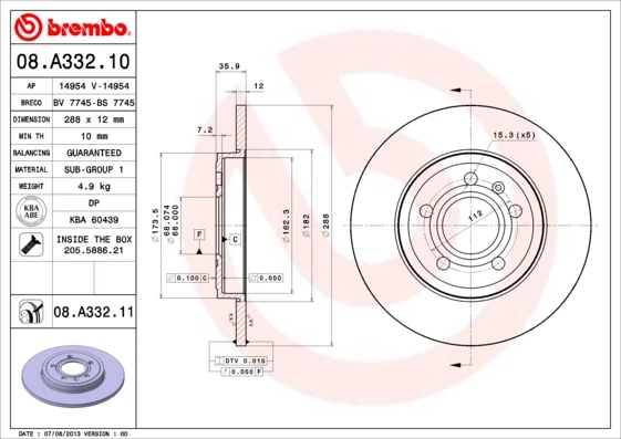 Гальмівний диск, Brembo 08.A332.11