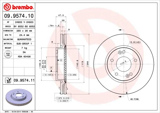 Гальмівний диск, Brembo 09.9574.11