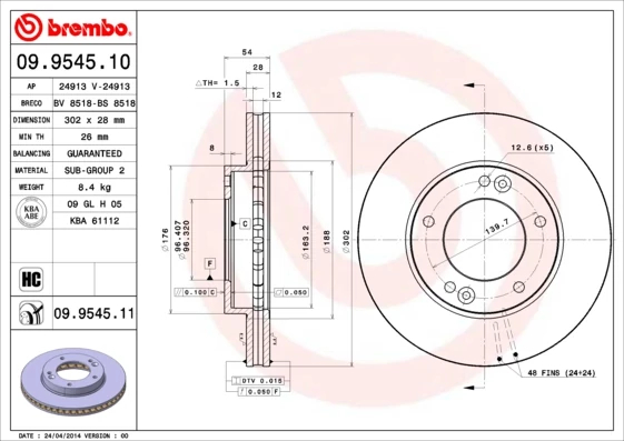 Гальмівний диск, Brembo 09.9545.11