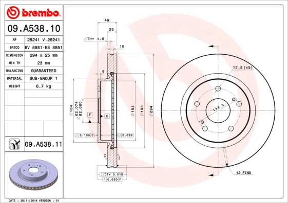 Гальмівний диск, Brembo 09.A538.11