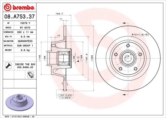 Гальмівний диск, Brembo 08.A753.37