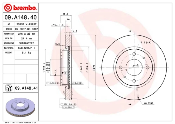 Гальмівний диск, Brembo 09.A148.41