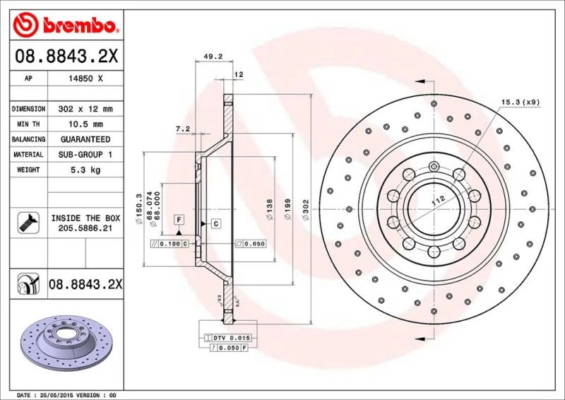 Гальмівний диск, Brembo 08.8843.2X