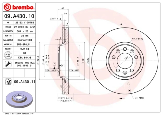 Гальмівний диск, Brembo 09.A430.11