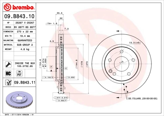 Гальмівний диск, Brembo 09.B843.11