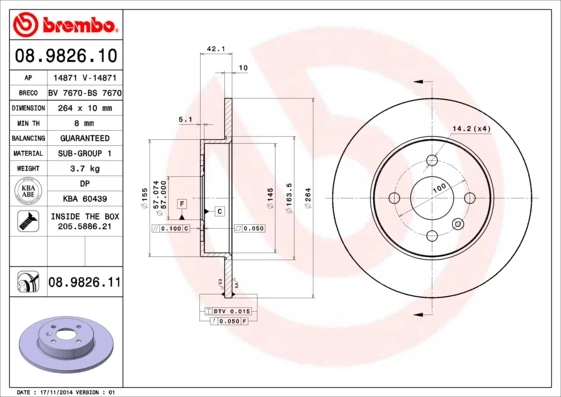 Гальмівний диск, Brembo 08.9826.11