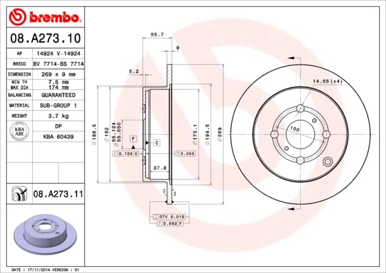 Гальмівний диск, Brembo 08.A273.11