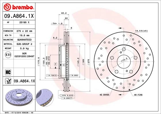 Гальмівний диск, Brembo 09.A864.1X