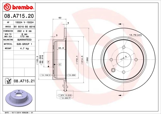 Гальмівний диск, Brembo 08.A715.21