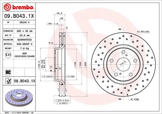 Гальмівний диск, Brembo 09.B043.1X